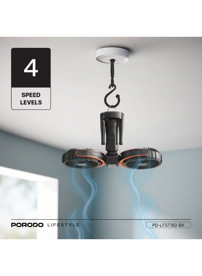 porodo Dual Head Oscillating Fan With Tripod Base / 2-Level LED Lights / 8000mAh Power Bank / 15W Fan Power / USB-C Charging Port Lightweight / Compact Design / 360° Multifunctional Adjustable Fan- Black - Image 4